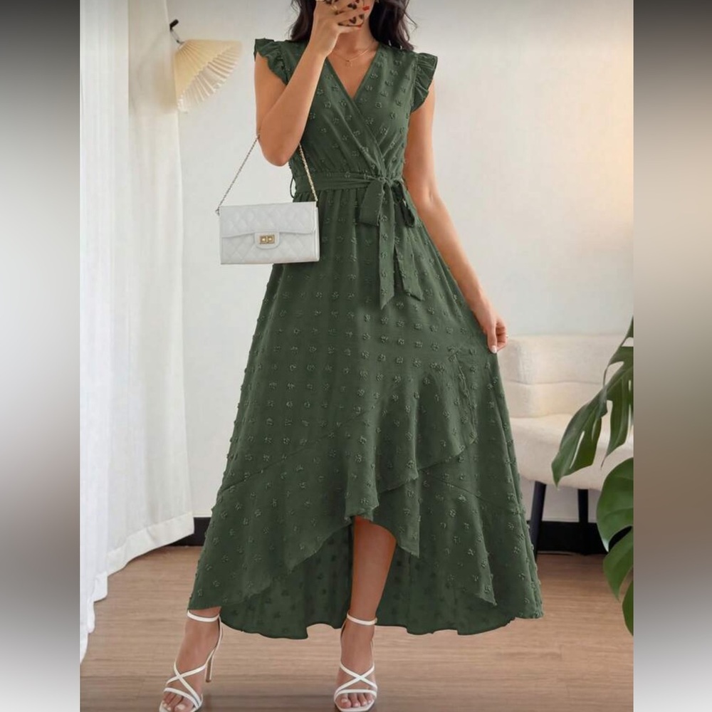 Elegant Green High-Low Midi Dress with Tie Waist